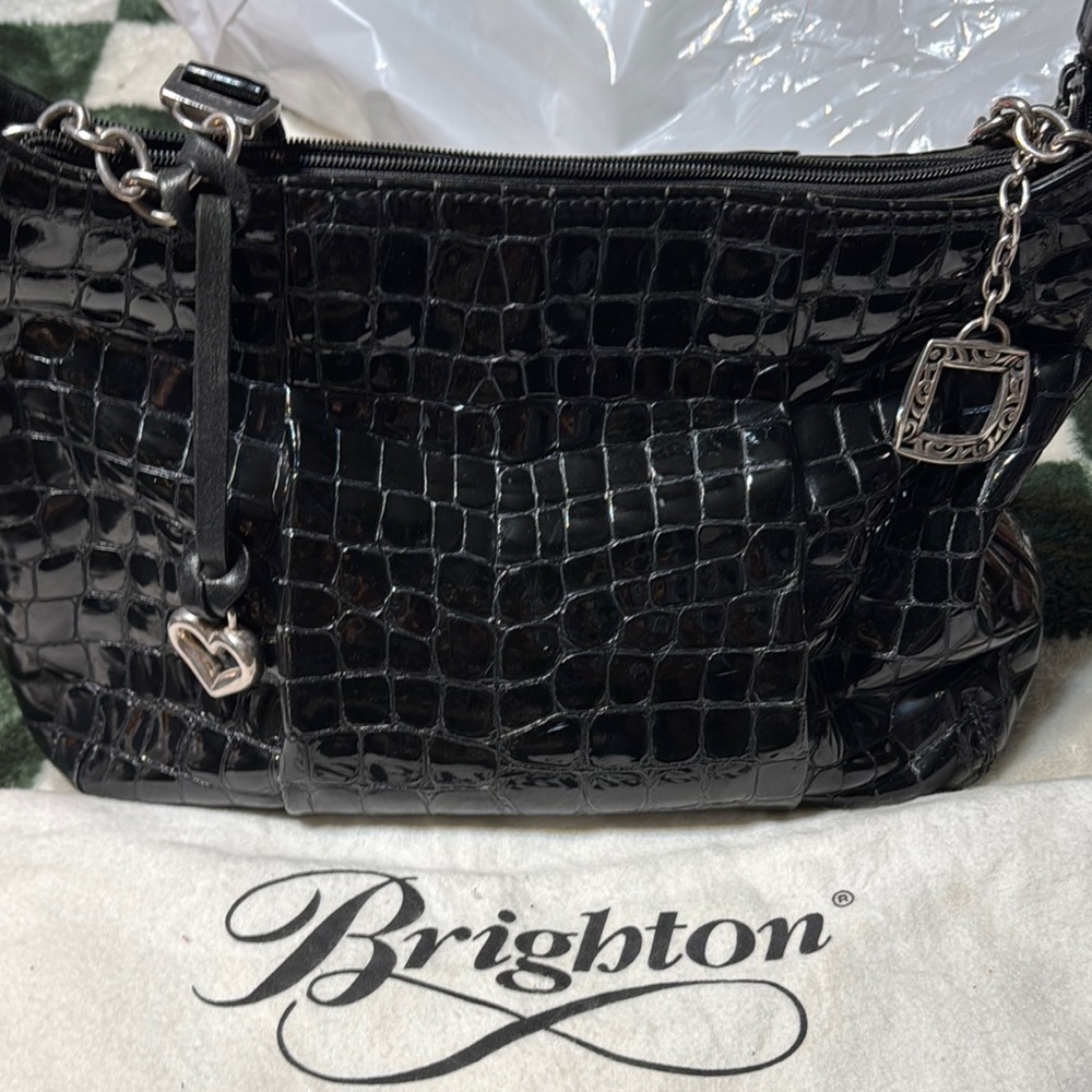 Brighton Black Croc-Embossed Shoulder Bag with Silver Hardware